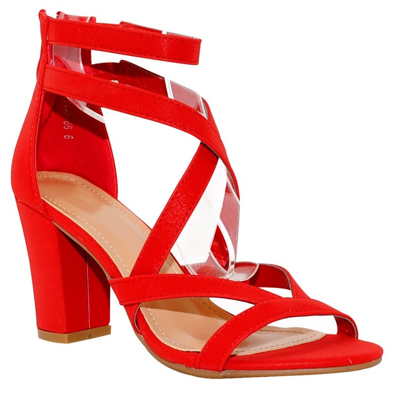 TRENDSUP COLLECTION Women's Chunky Heel Ankle Strap Sandals (10, Red) - Image 1